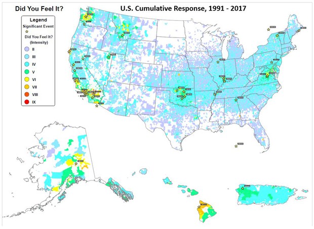Map of USA - Record of Earthquake Intensity Levels Felt Around the USA