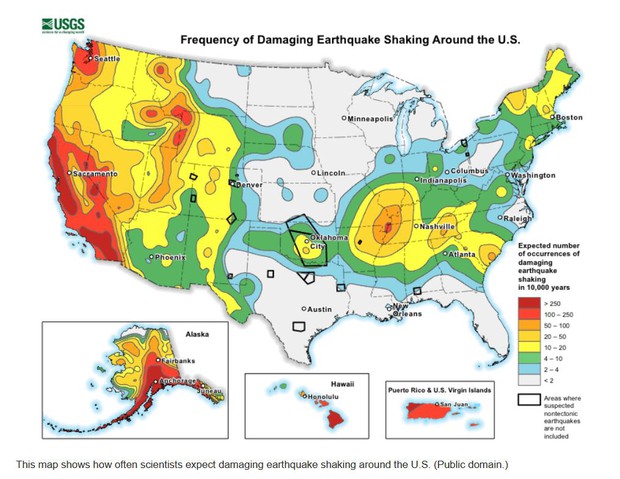 Frequency of Damaging Earthquake Shaking Around the U.S. map 