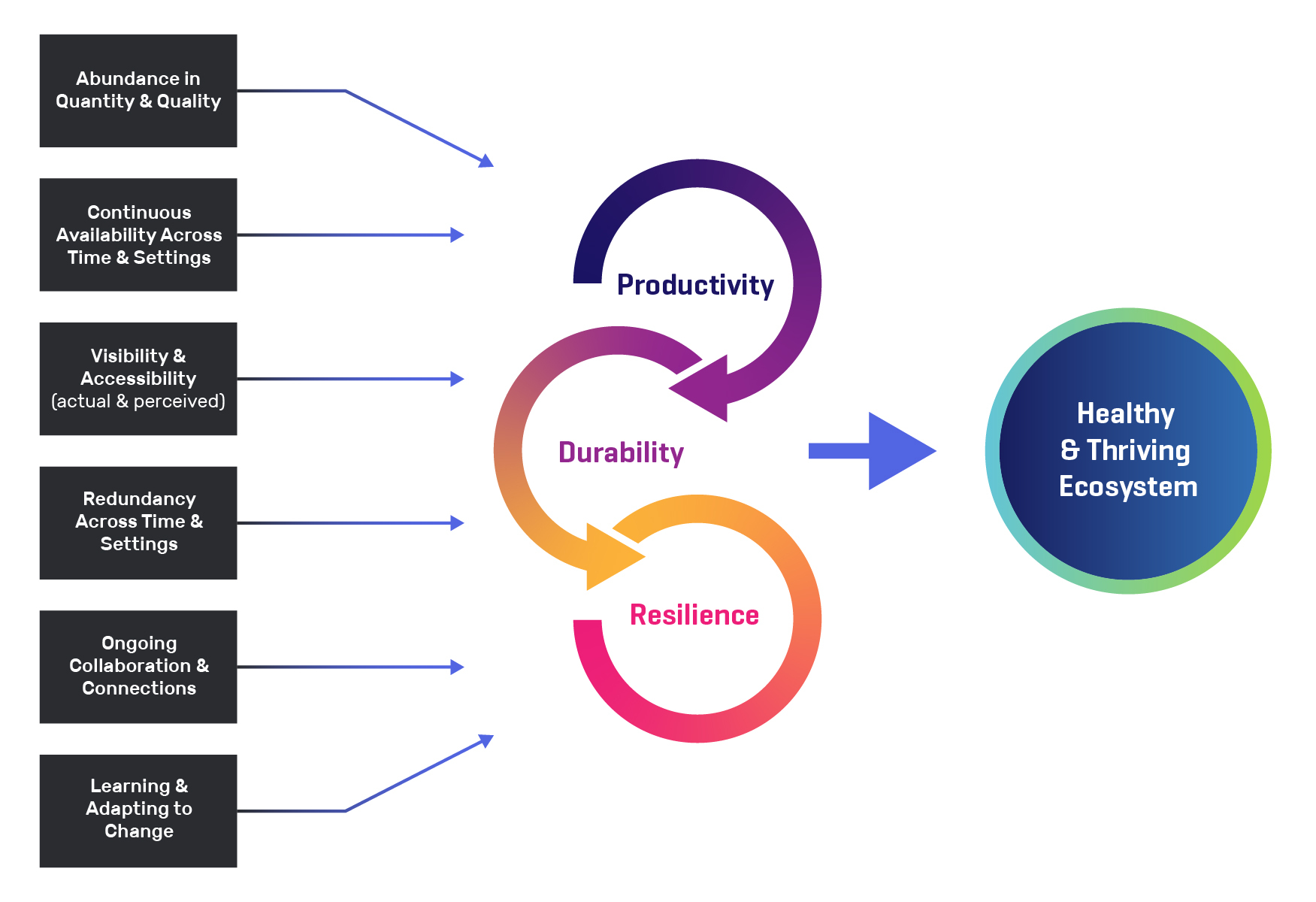 Figure 1. Characteristics and processes of learning resources that affect ecosystem productivity, durability, and resilience and collectively contribute to the maintenance of a healthy and thriving ecosystem.