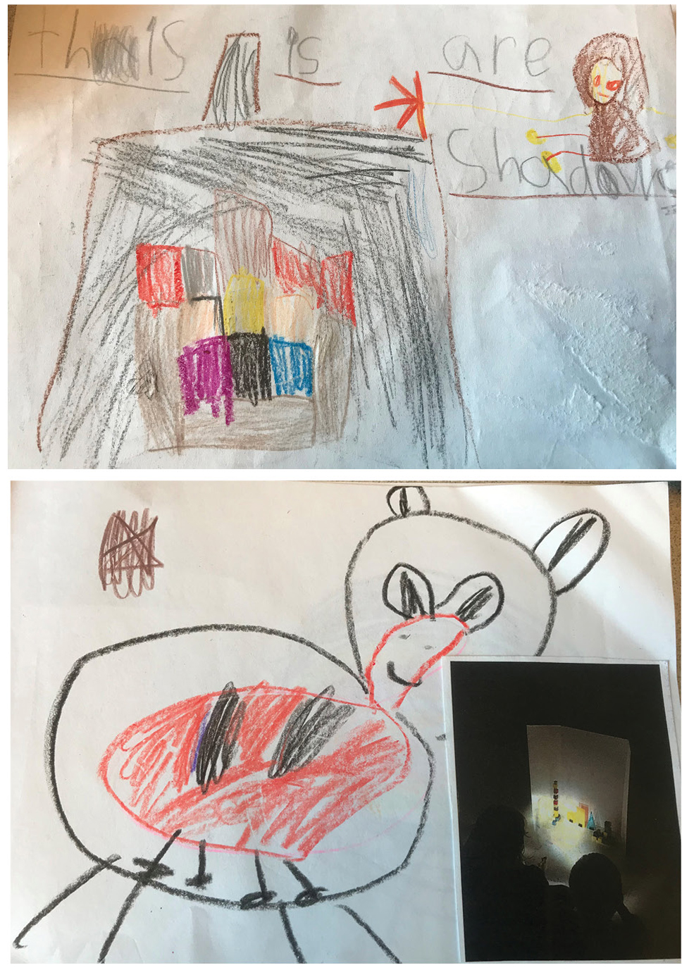 (upper) Child’s picture of her structure and its shadow.  (lower) Child’s picture of her animal and its shadow.