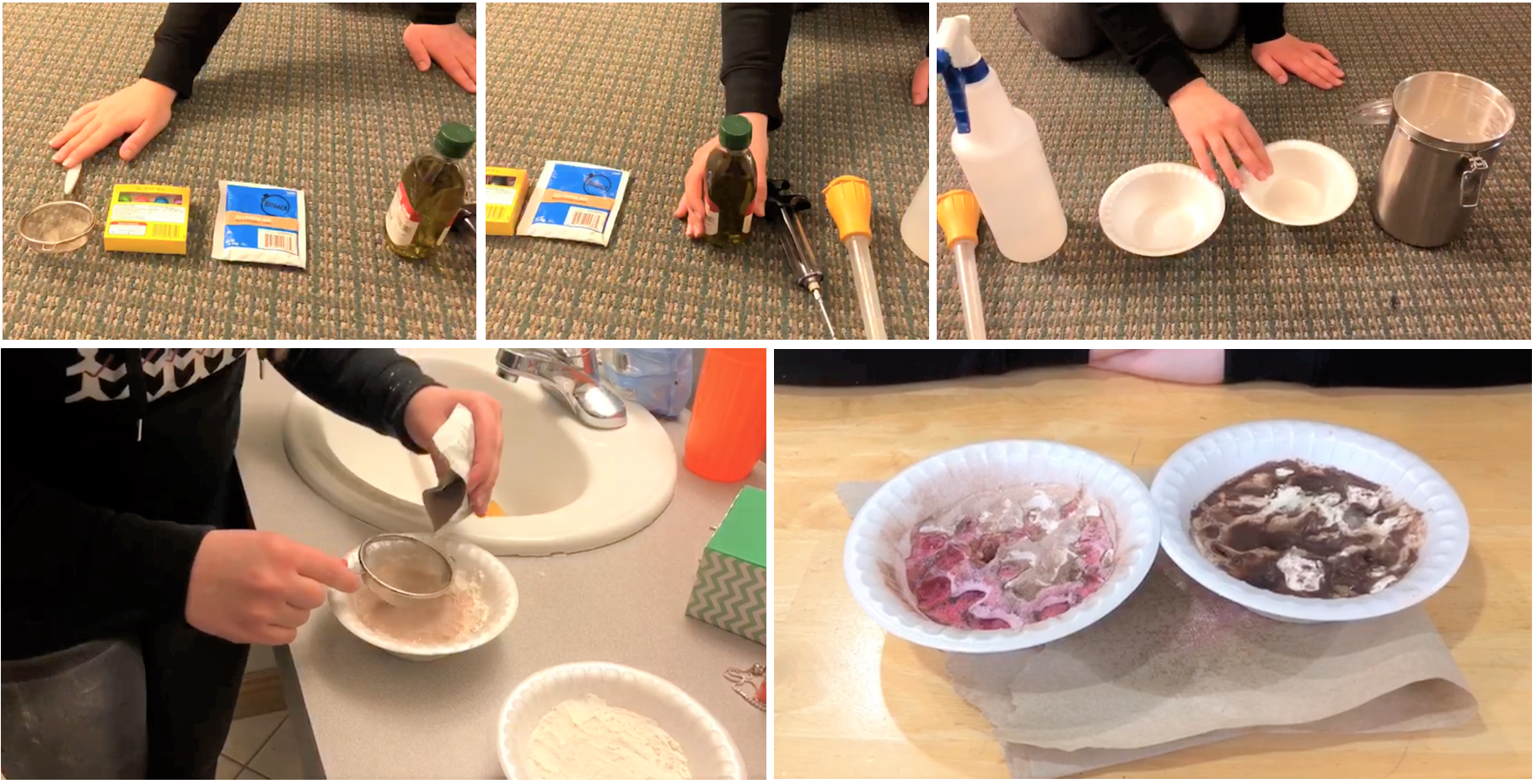 Five tiled images of the activity. Three images show common household items (flour, water, kitchen utensils, etc.).  One image shows student preparing layers of ingredients in a bowl.  Final image shows two bowls side-by-side with final results of activity.  One bowl has pink “lava” covering craters. The other bowl has brown “sediment” covering craters.