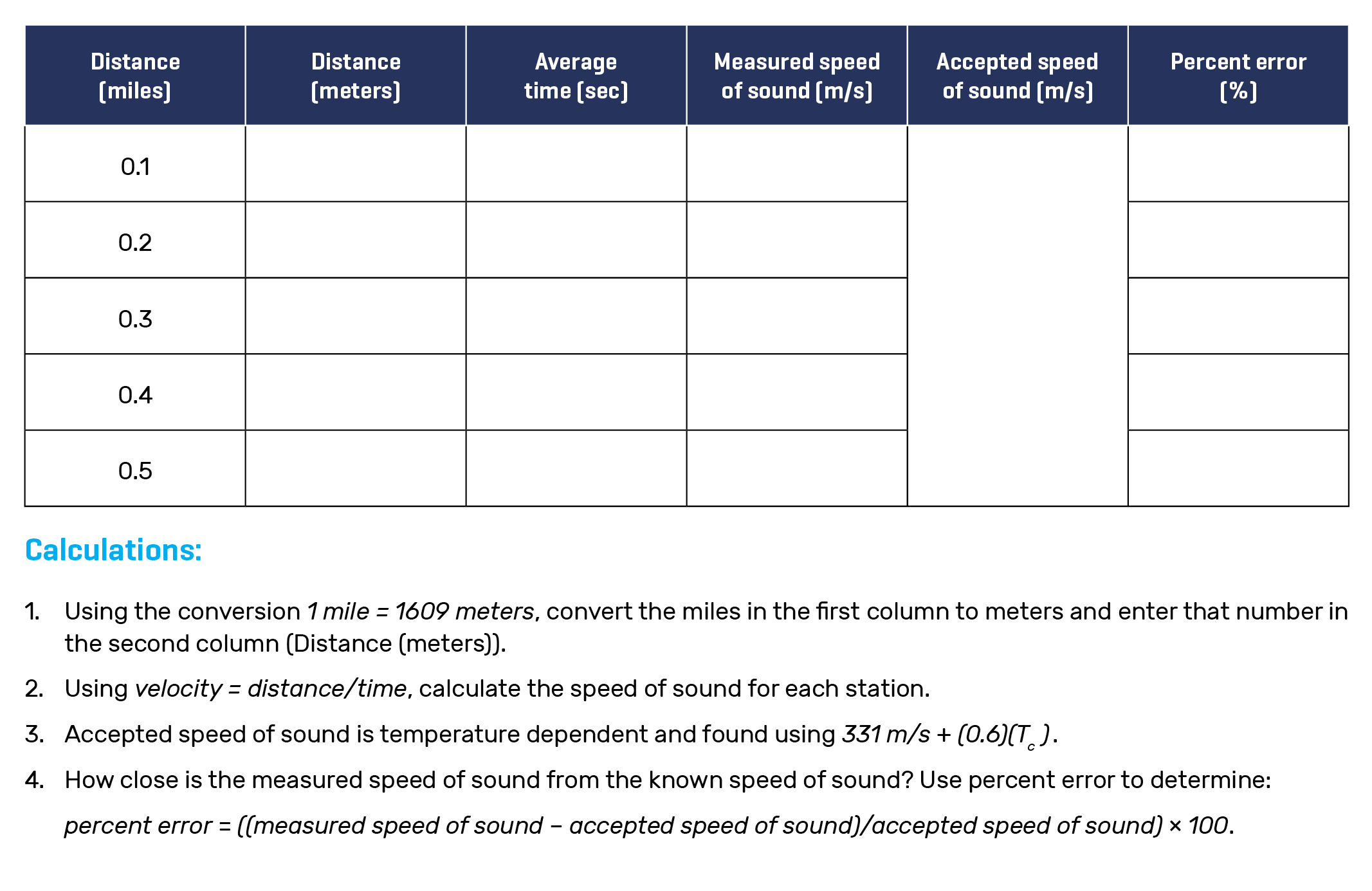 Worksheet for Speed of Sound Lab.