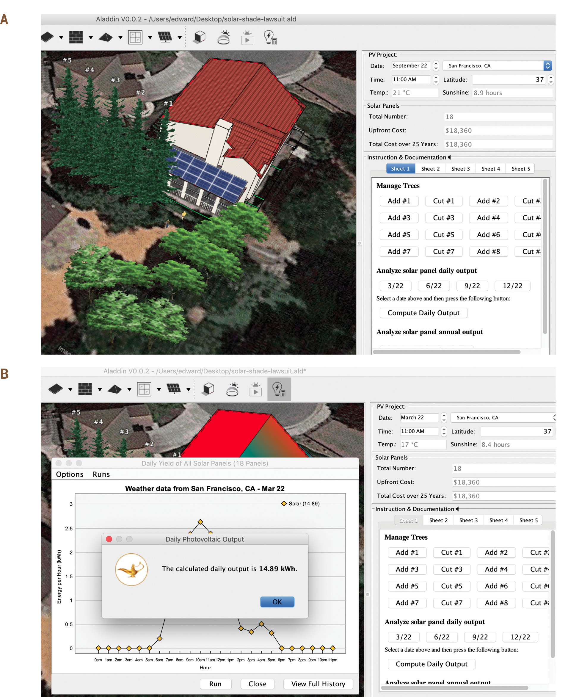 Figure 5 (A) Aladdin interface allows students to easily remove and add trees to the simulation to calculate the solar panels’ shading and electrical output; (B) student artifact showing the screenshot recording the calculated daily output on March 22