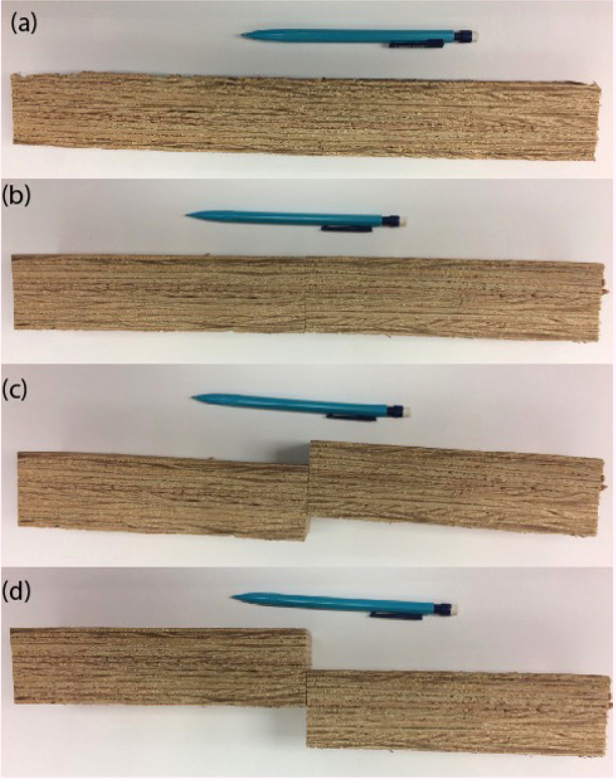 Figure 6 Use of a block of plywood to represent sedimentary layers.  Note. (a) uncut or intact plywood; (b) cut or “jointed” plywood with no displacement; (c) faulted plywood representing left-lateral fault; and (d) faulted plywood representing right-lateral fault.